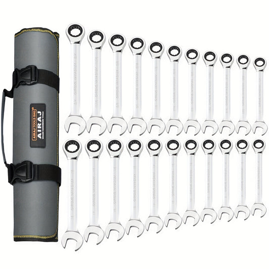 Combination Ratcheting Wrench Set 22pcs SAE & Metric, 1/4"-3/4" & 6-18mm Chrome Vanadium Steel, 72-Tooth Ratchet Wrenches with Oxford Bag, ANSI Standard for Car Repair & Home Appliance Maintenance