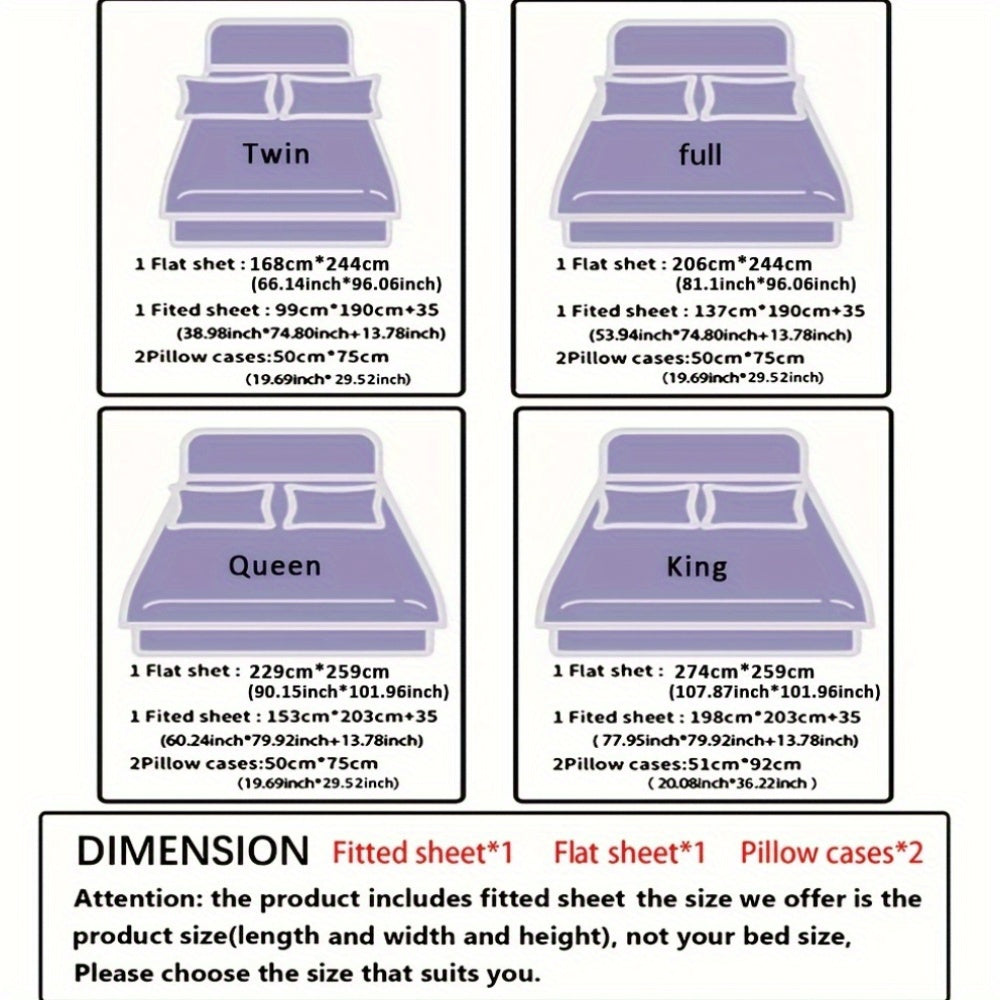 Fitted Sheet Set 4-Piece Plum Blossom Floral Print | Deep Pocket 15" Bed Sheets Twin Full Queen King | Soft Polyester Bedding Set with 2 Pillowcases, All-Season Machine Washable