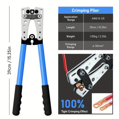 Durable Heavy-Duty Battery Cable Lug Crimping Tool Set Suitable For AWG 8 - 1/0, Equipped With A Crimping Plier, Small Cable Cutter, 60pcs Copper Wire Lugs, 164pcs Heat Shrink Tubing, And Work Gloves