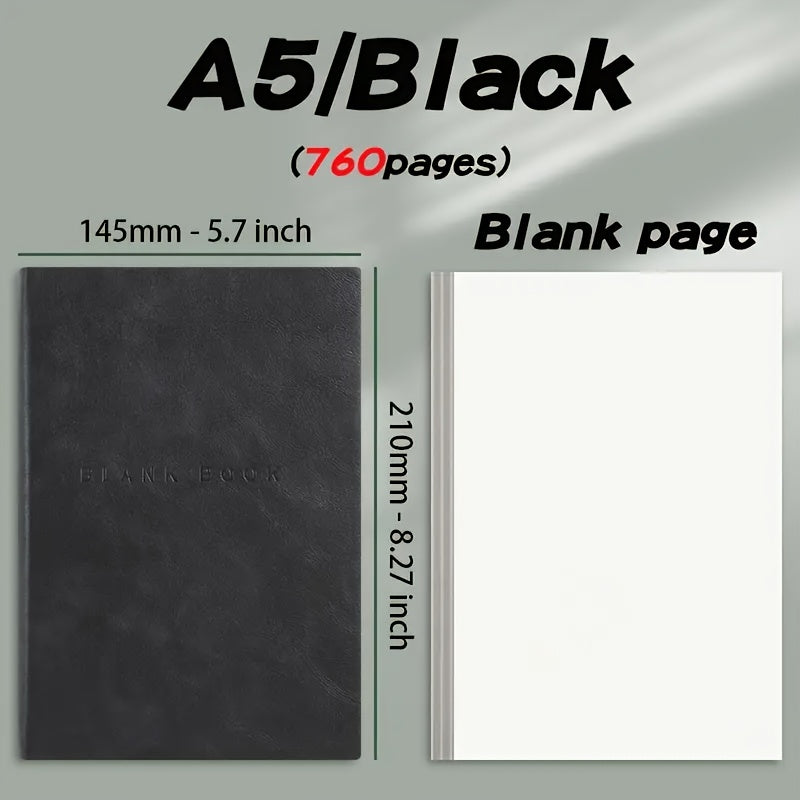 Minimalist 760 Page Blank Notebook - A5 Size, Suitable for Sketching And Doodling, Made Of Artificial Leather, Soft Cover, Ideal for College Students And Adults, Christmas Gifts