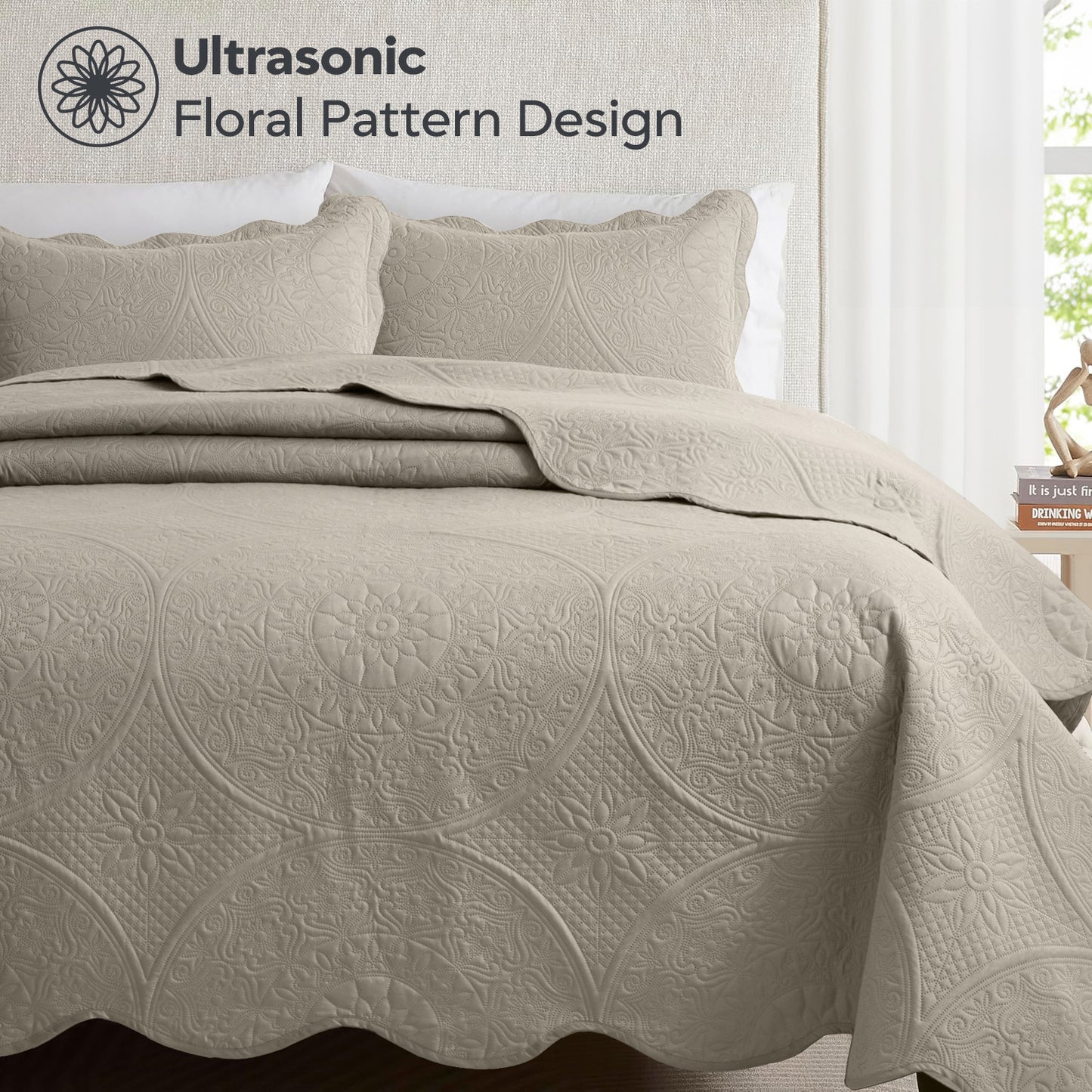 3pcs Luxury Quilted Bedspread Set – Oversize Quilt Coverlet Soft & Cozy Floral Bedspread with Pillow Shams, Breathable Lightweight for Bedroom & Guest Room Decor