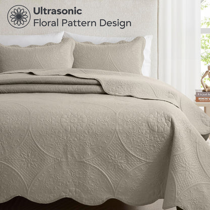 3pcs Luxury Quilted Bedspread Set – Oversize Quilt Coverlet Soft & Cozy Floral Bedspread with Pillow Shams, Breathable Lightweight for Bedroom & Guest Room Decor