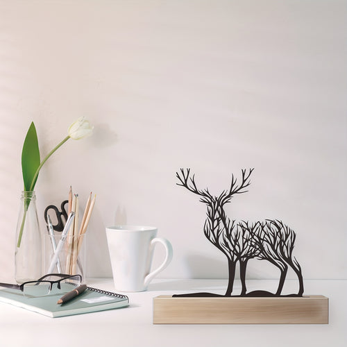 1pc, Iron Tabletop Deer Branches Decoration with Wood Base - Office Desk Accessory Home Desktop Decoration, Entrance Decoration, Living Room Entrance, Bookshelf, Wine Cabinet, TV Cabinet Decoration Halloween New Year Gifts