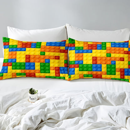 Game Themed Bed Sheet Set 3/4pcs, Colorful Building Block Design Bedding for Twin Full Queen King, Fitted Sheet Flat Sheet Pillowcase for Kids Adults Men Women Bedroom