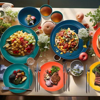 32pcs (for 8 people) Wheat Straw Dinnerware Set - Unbreakable Plastic Plates, Bowls & Cups, Lightweight PP Dinnerware for //Picnic/Camping, Modern Round Tableware for Home & Parties, Durable Easy-Clean Plates and Bowls