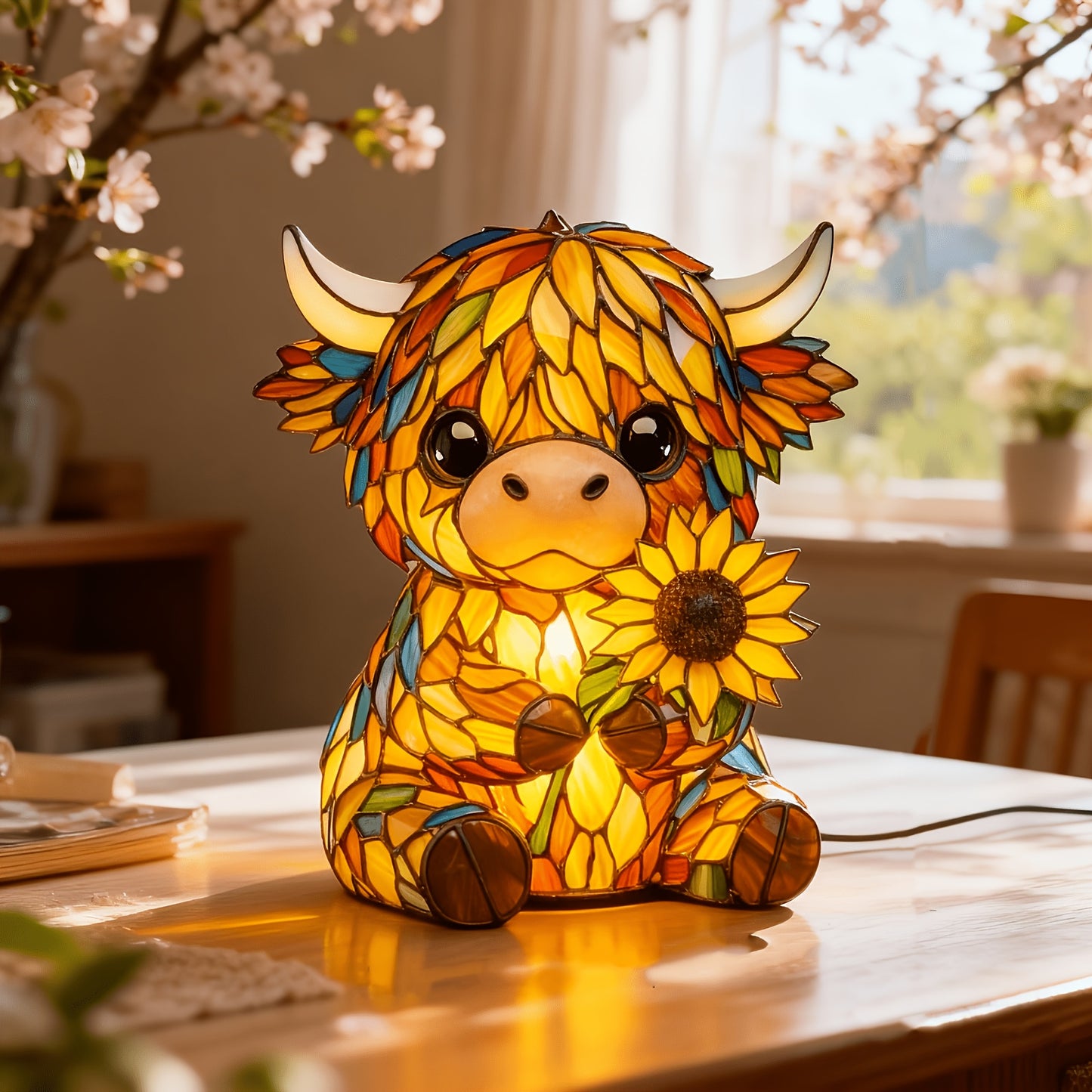 Handcrafted Highland Sunflower Highland Cow Desk Lamp, Powered by USB, Cute Cow-Shaped Night Light. Suitable for Decoration in Bedrooms And Living Rooms. It Is an Ideal Gift for Friends, Family And Loved Ones