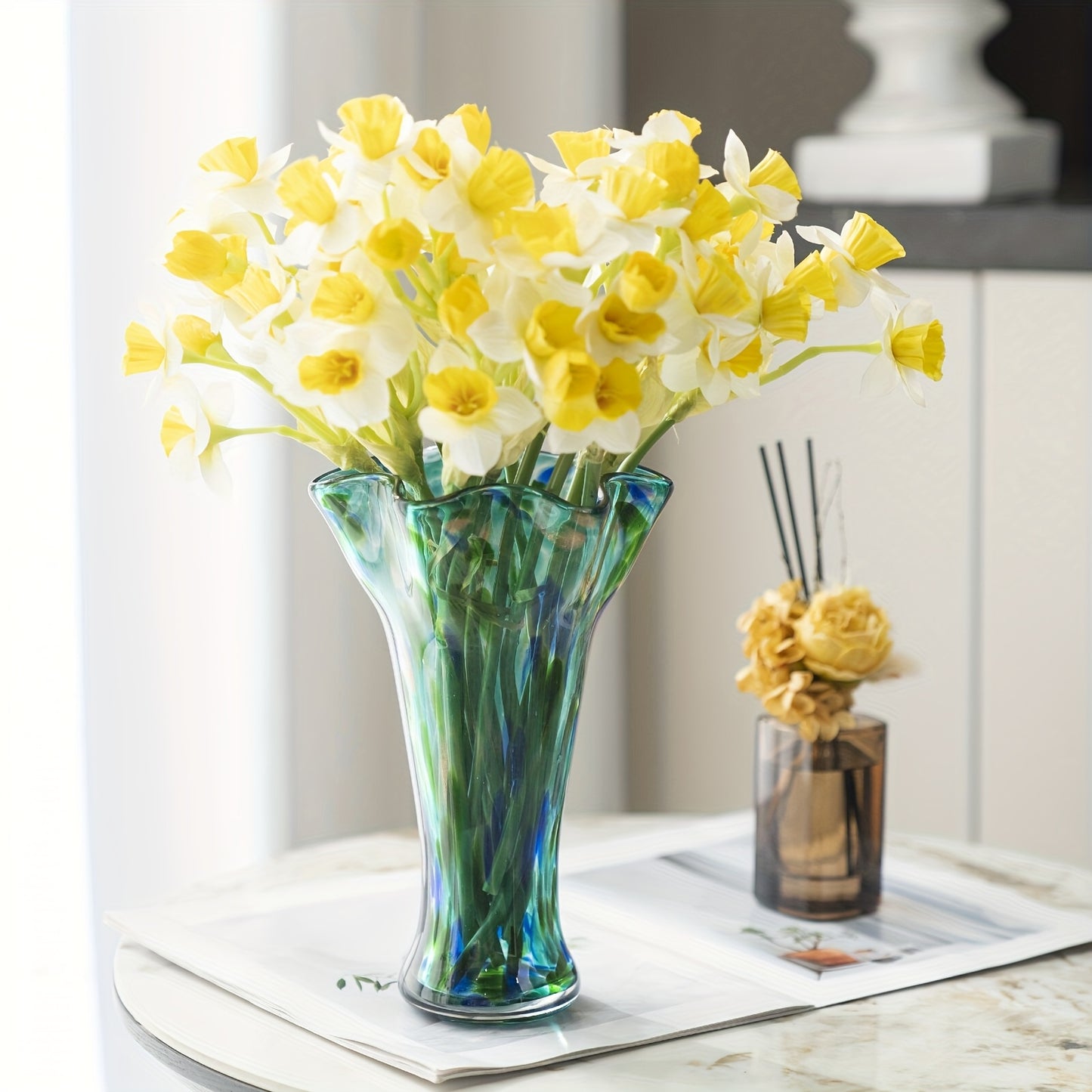 Hand Blown Teal Glass Vase for Fresh Flowers - Wide Mouthed Green Vase for Spring Flower Arrangements, Centerpieces for Bookshelves, Dining Tables, Bedrooms