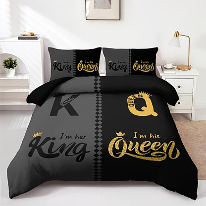 3pcs Super Soft Breathable Crown King And Queen Letter Duvet Cover Set (1 Duvet Cover+2 Pillowcases Without Pillow Core), at Home Dormitory High Definition Numerical Code Printing for Bedroom, Guest Room Decor, Suitable for All Seasons