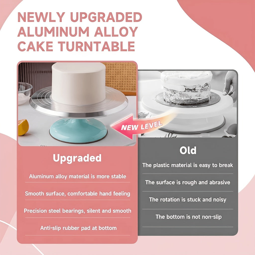 10 Inch Aluminum Cake Turntable Stand - 360° Smooth Rotation - Base Giratoria Para Pastel Pro - Includes Free Frosting Spatula - Heavy Duty Baking Supplies. Perfect for Cakes, New Year Themed Desserts, Holiday Treats, Birthday, Wedding Bakes