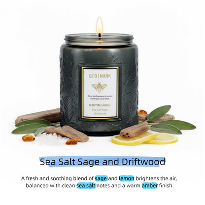 Scented Candle in Relief Glass Cup – Aromatherapy Home Fragrance with Crystal Embellishment, Single Wick, Multiple Scents – Jasmine, Tuberose, Amber, Sage & More