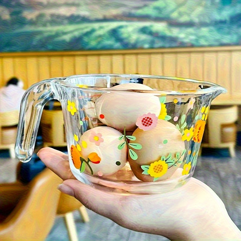Glass Measuring Cup, Transparent, 16.91oz, Safe for Microwave and Freezer, Oven, with Floral Pattern