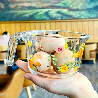 Glass Measuring Cup, Transparent, 16.91oz, Safe for Microwave and Freezer, Oven, with Floral Pattern