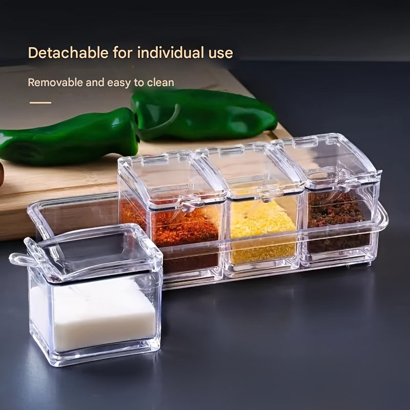 4pcs Kitchen Seasoning Storage Box - Transparent Multi Grid Moisture Proof with Lid Seasoning Storage Box, Essential for Home and Apartment Use