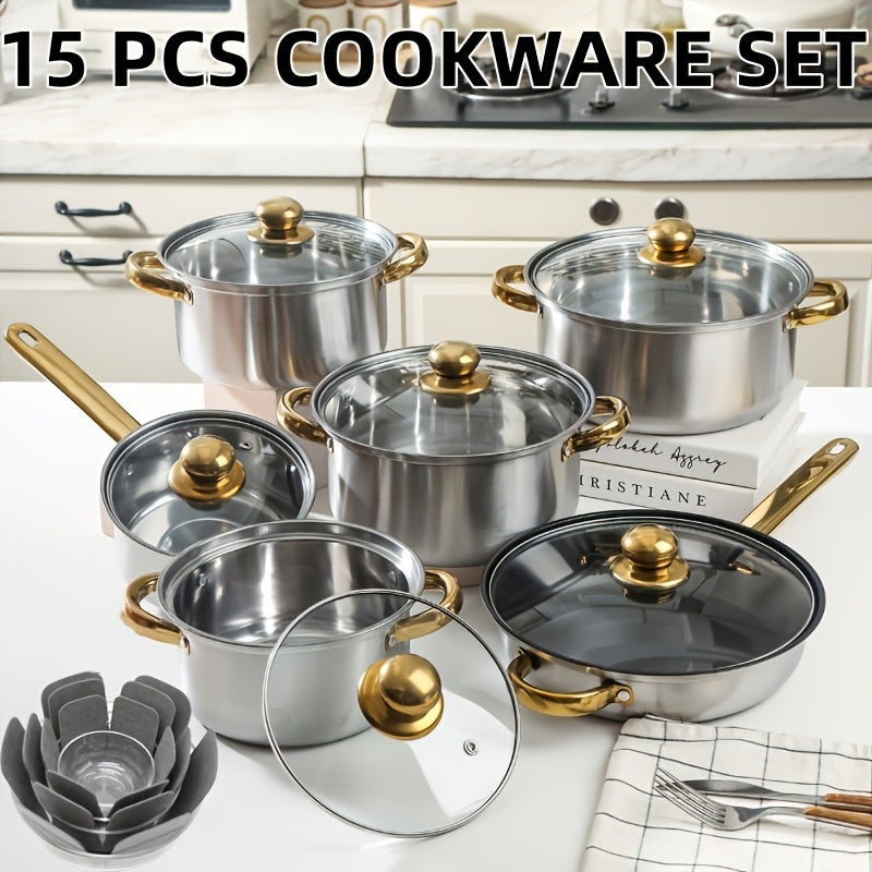 10/12/15pcs Stainless Steel Cooking Pots Stainless Steel Cookware Set, Stainless Steel Cooking Pot, 5Pots + 5 Lids, 6Pots + 6Lids+3Pads, Stainless Steel Double Handles with Lid, for Home And Restaurant Cooking, Suitable for Soup, Hot Pot, Noodles