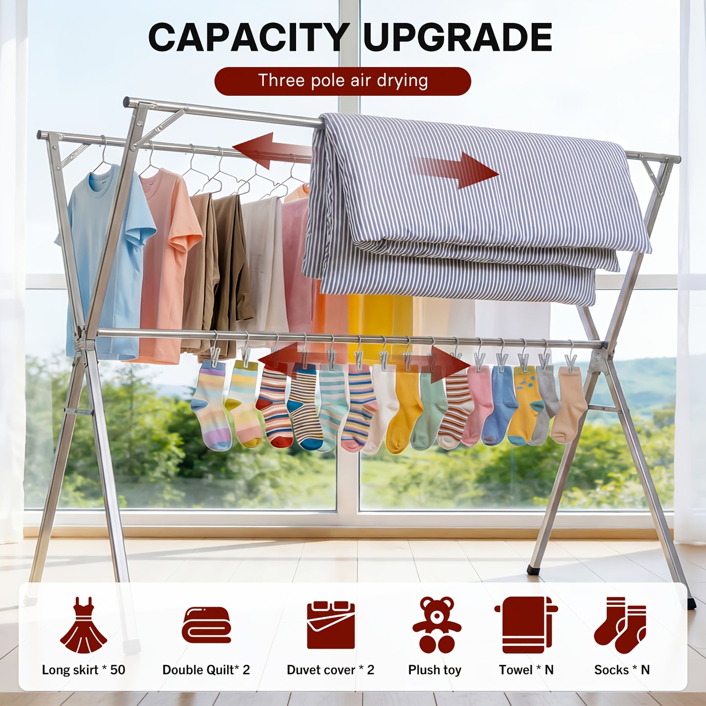 Three-Bar Foldable Clothes Drying Rack 63" And 78.7" Two Types, Retractable Length And Outdoor Indoor Use Durable Metal Drying Rack, Drying Rack Clothing Collapsible, Foldable Laundry Drying Rack, Heavy Duty Stainless Steel Clothesline, Drying Racks