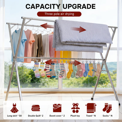 Three-Bar Foldable Clothes Drying Rack 63" And 78.7" Two Types, Retractable Length And Outdoor Indoor Use Durable Metal Drying Rack, Drying Rack Clothing Collapsible, Foldable Laundry Drying Rack, Heavy Duty Stainless Steel Clothesline, Drying Racks