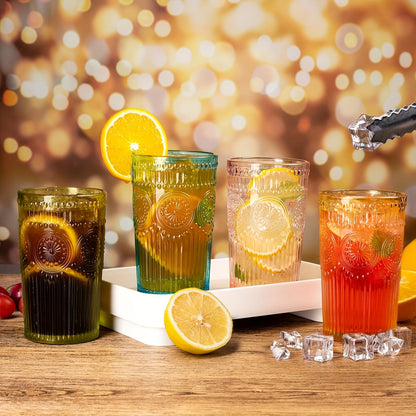 Collection of 6 Retro Drinking Glasses, 14 Oz Colorful Tumblers with Embossed Designs, Suitable for Water, Drinks, Juice, Beer, Cocktails, Whiskey, And Milk (Available in 6 Colors)