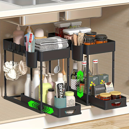 1pc Under Sink Organizer, 2 Tier Sliding Cabinet Basket Organizer With Hooks, Multifunctional Under Sink Organizer For Bathroom Kitchen, Shelves