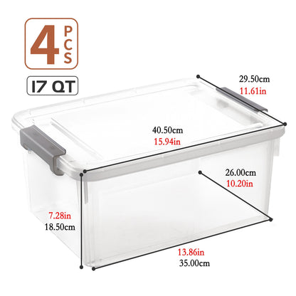 Citylife 17 Quart Plastic Storage Bins with Latching Lids - 4 Packs Stackable Storage Containers - Clear Plastic - For Garage, Closet, Kitchen Organization - Ideal for Home Storage & Decluttering