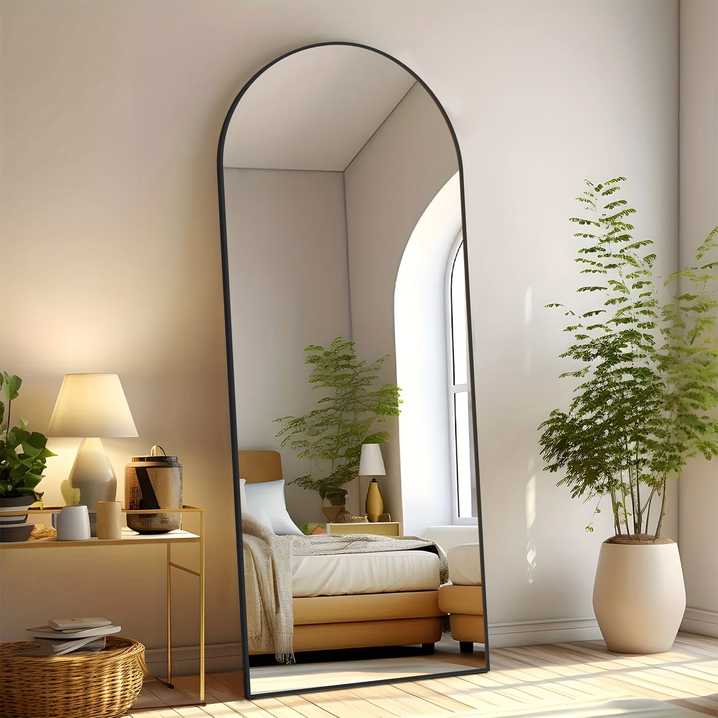 LED Lighted/Not-LED Lighted Full-Length Mirror with Arched/Rect Top - Aluminum Frame Floor-Standing Dressing Mirror for Bedroom & Living Room, Black/Golden/White
