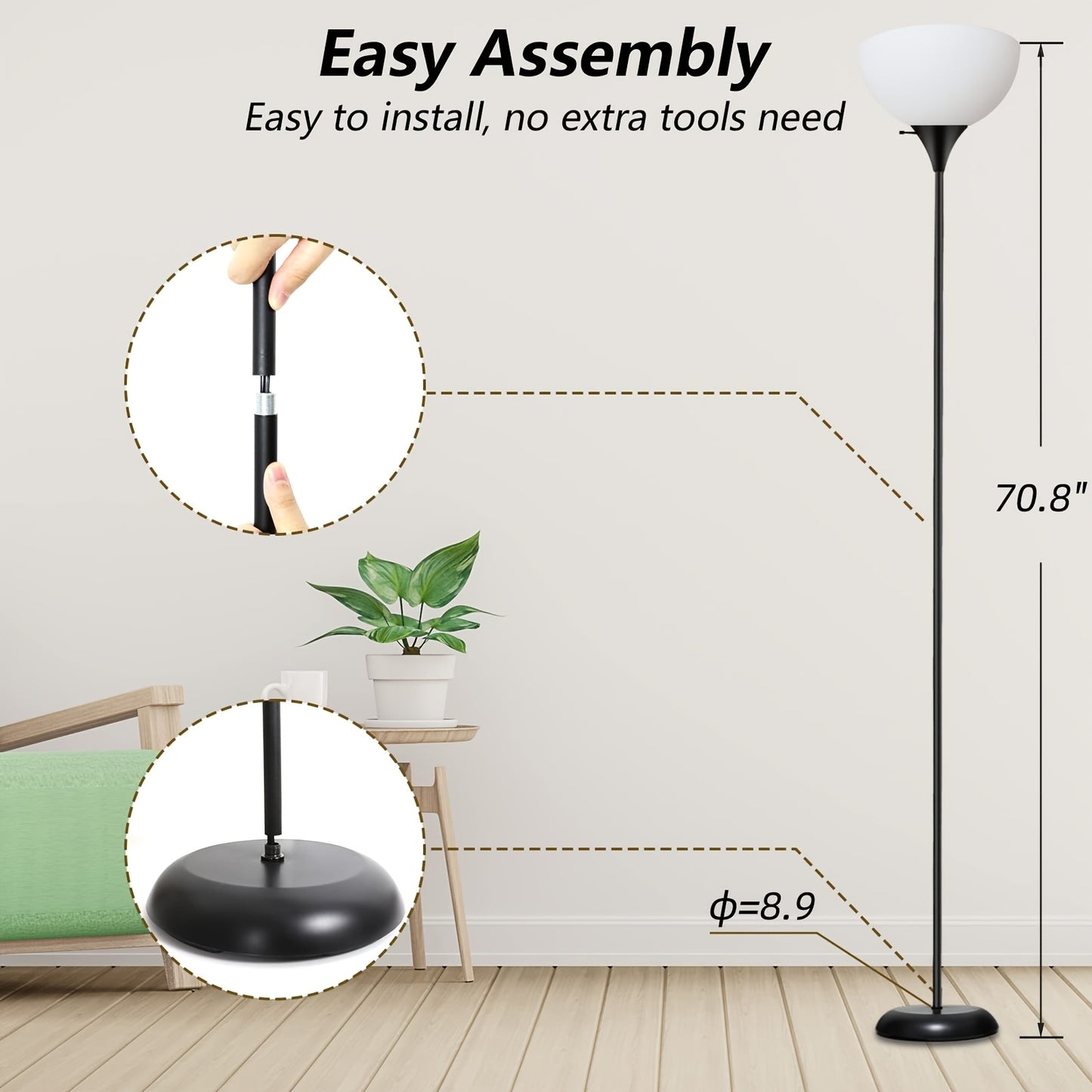 Floor Lamp, Living Room Floor Lamp, Shatter-Proof White Lampshade, Rotary Switch, Bulb Not Included, Industrial Metal High Lamp for Bedroom, Living Room, Office, Study Room