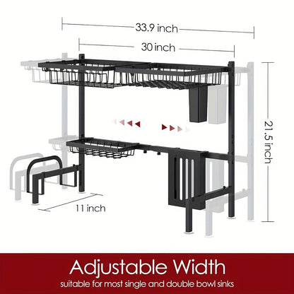 Expandable Multi-Tier Black Kitchen Organizer with Dish Rack, Drainage Tray, Spice Shelf & Towel Holder - Space-Saving Sink Storage for Dishes, Utensils | Durable Black Metal | Dustproof Design, Kitchen Accessories, Kitchen Organizers And Storage
