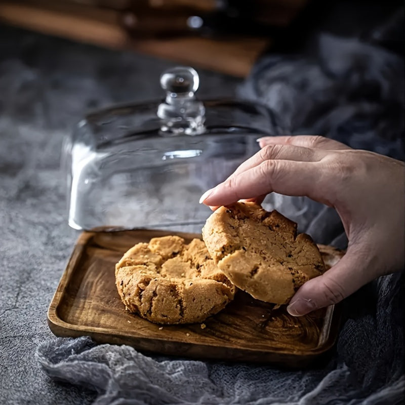 Retro Wooden Butter Dish With Glass Lid, Multifunctional Serving Tray For Weddings, Parties & Desserts - Durable, Easy To Clean, Perfect For Cakes, Fruits & Snacks