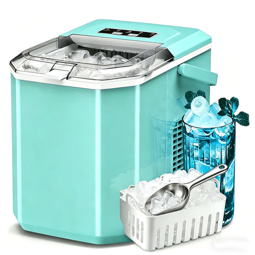 Countertop Ice Maker, 9 Ice Cubes in 6 Mins, 26.5Lbs/ 24H Self-Cleaning Portable Ice Machine with 2 Sizes(S/ L), for Home/ Kitchen/ RV, Green/ Black/ White