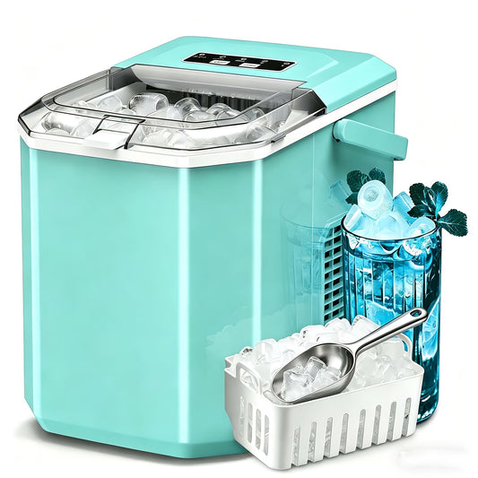 Countertop Ice Maker, 9 Ice Cubes in 6 Mins, 26.5Lbs/ 24H Self-Cleaning Portable Ice Machine with 2 Sizes(S/ L), for Home/ Kitchen/ RV, Green/ Black/ White