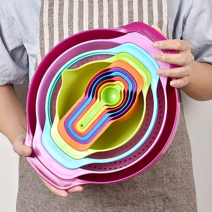 10pcs/Set Mixing Bowl, Colour Measure Cup And Spoons, Salad Bowl Set, Plastic Measuring Cups Set, Nesting Bowl, Baking Measurement Utensil, Kitchen Measuring Colander, Colander Sifter Tool, Kitchen Tool, Baking Tools, Back To School Supplies