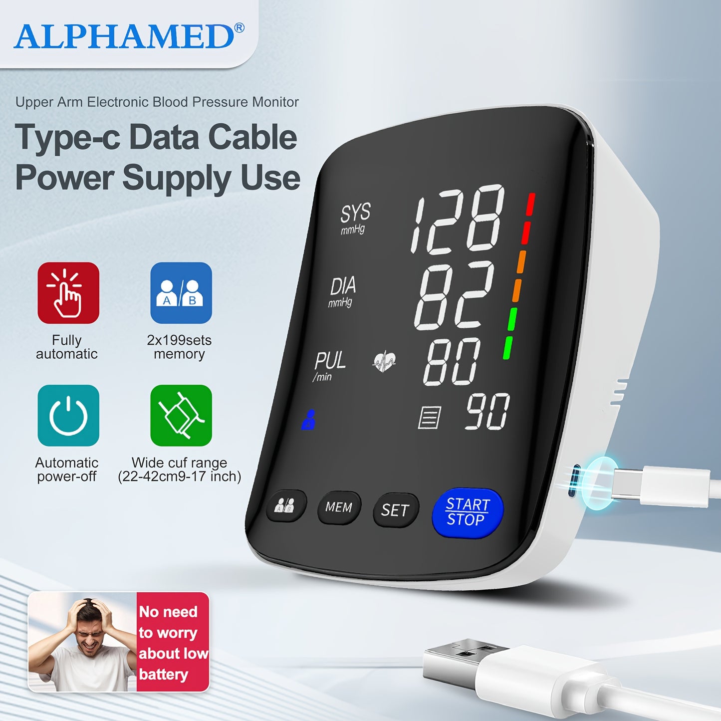 1pc ALPHAMED Automatic Arm Blood Pressure Monitor U82RH, USB Powered, 8. 7-17 Inch Cuff, 2x199 Memory, LED High-Definition Curved Screen, Intelligent Design, Suitable for Elderly, Ideal Gift for Family and Friends