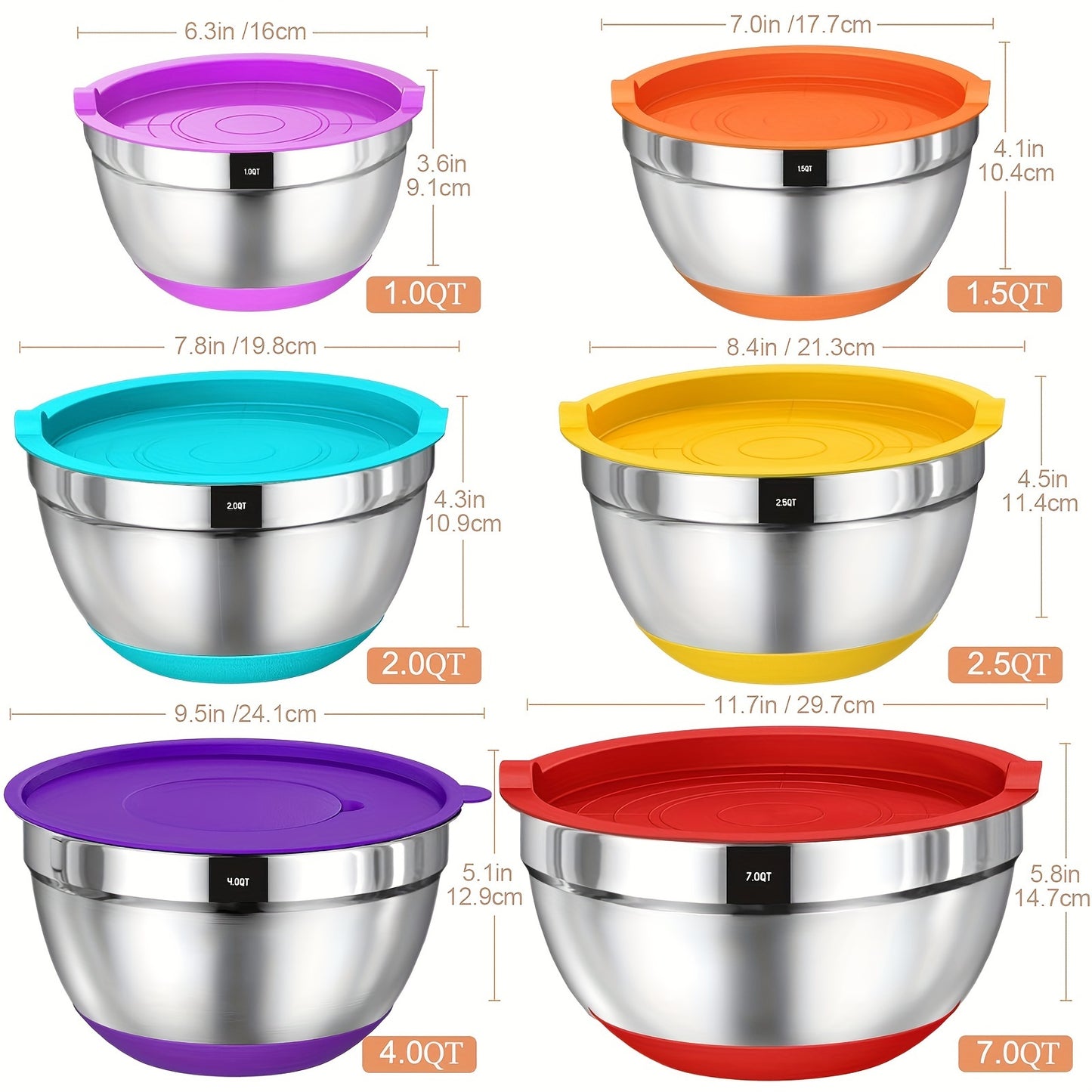 Mixing Bowls with Airtight Lids, 26pcs Stainless Steel Bowls Set, 3 Grater Attachments & Black Non-Slip Bottoms Size 7, 4, 2.5, 2.0, 1.5, 1QT, Great for Mixing & Serving