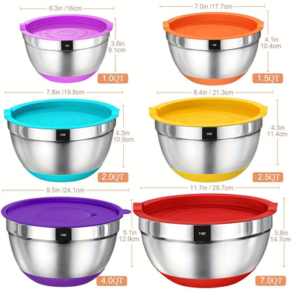 Mixing Bowls with Airtight Lids, 26pcs Stainless Steel Bowls Set, 3 Grater Attachments & Black Non-Slip Bottoms Size 7, 4, 2.5, 2.0, 1.5, 1QT, Great for Mixing & Serving