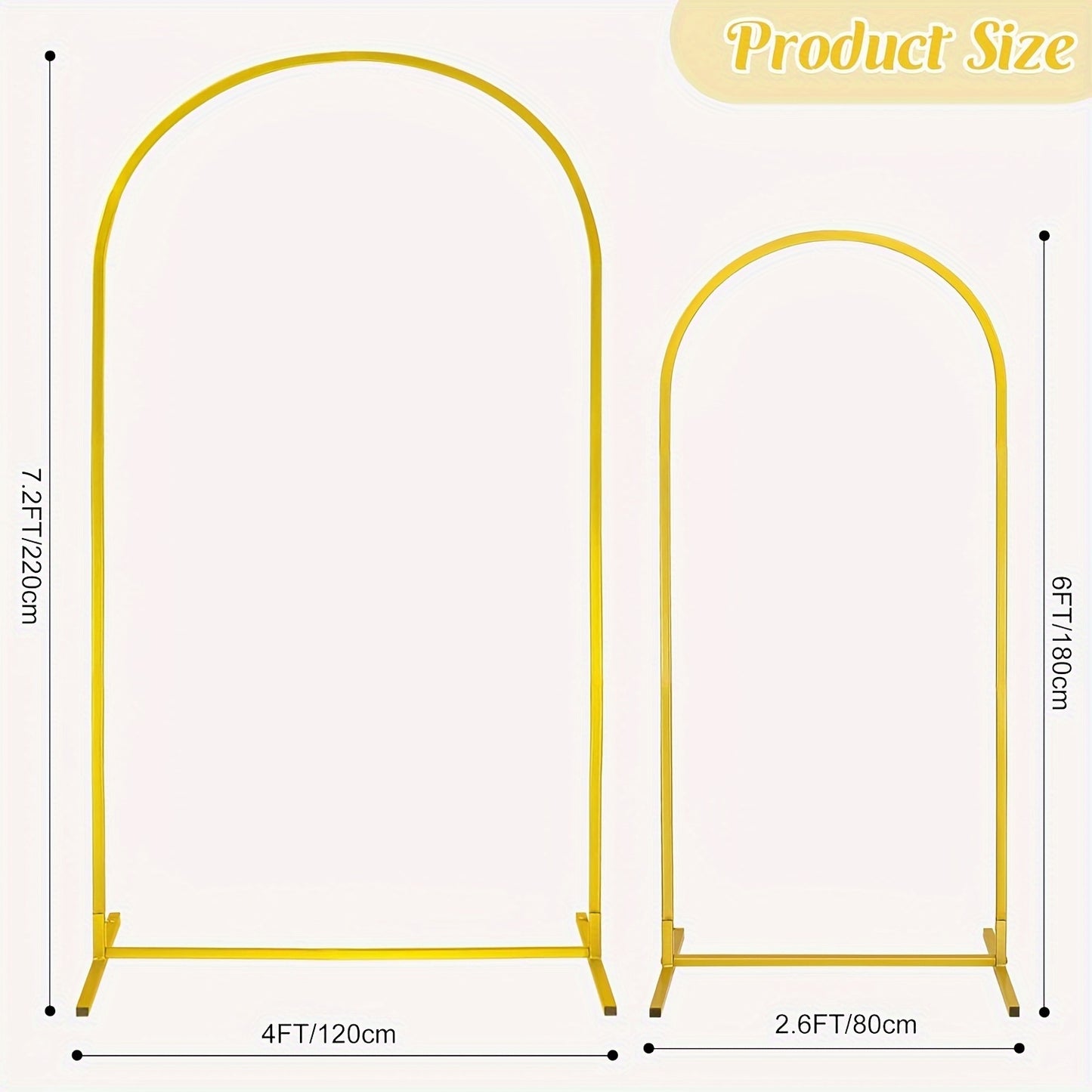 2pcs Heavy Duty Metal Wedding Arch Backdrop Set (7.2Ft And 6Ft) - Sturdy Frame with Golden Powder Coating, Easy to Assemble Balloon Flower Arch for Weddings, Birthdays, Eid And Ramadan Decorations - Indoor/Outdoor Party Decor, No Batteries