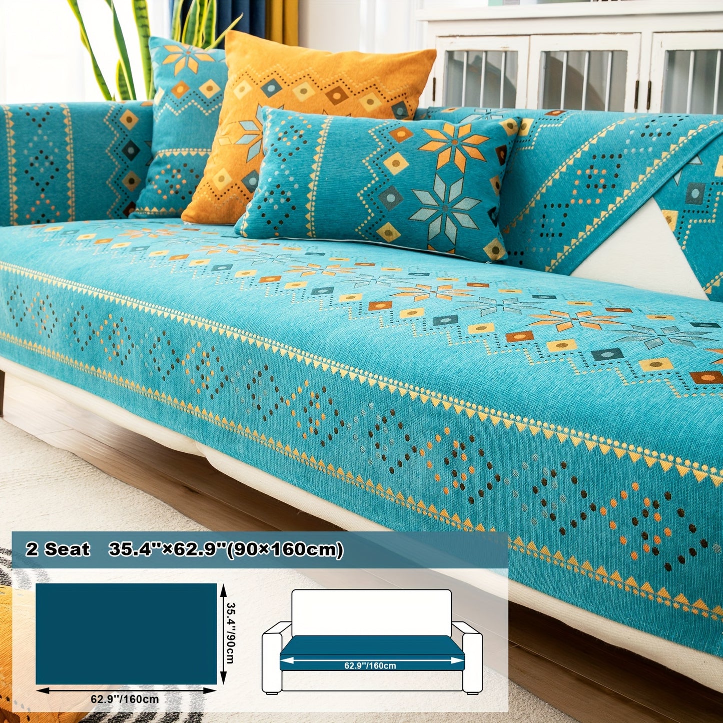 1pc Bohemian Chenille Sofa Cover Suitable for Sofa Sizes (Single to Four-Seater) - Thick Plush Non-Slip Couch Cover with Geometric Embroidery, Chenier Fabric Slipcover Fits for Sectional Sofas, Machine Washable Furniture