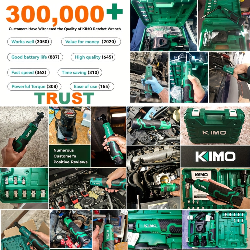 KIMO Electric Ratchet Wrench, Cordless Ratchet Wrench Set, 3/8 Inch 12V Power Tool, 40ft Lbs Torque, 400 RPM, Fast Charger, 2.0Ah Lithium Ion Battery, 8 Sockets Included, Variable Speed Trigger, Fathers Day Gift for Men, DIY, Automotive, Mechanics