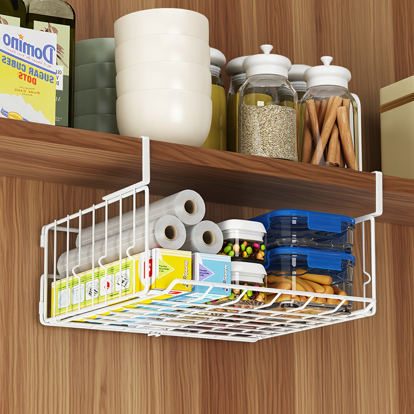 Hanging & Wall-Mounted Foldable Storage Basket - Waterproof Rust-Resistant Organizer for Kitchen, Laundry, Pantry, Desk & Under Cabinet Shelves - Collapsible Metal Black