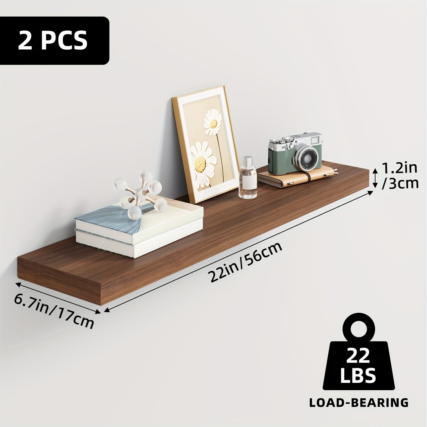 TOMNK 2/4/6pcs Set Floating Shelves, 15.7-inch/19.7-inch/22-inch Wooden Wall-Mounted Shelves, Suitable for Home Decor in Living Rooms and Kitchens, Strong Load-Bearing Capacity, Can Be Installed in Bathrooms, Bedrooms, Living Rooms, or Kitchens