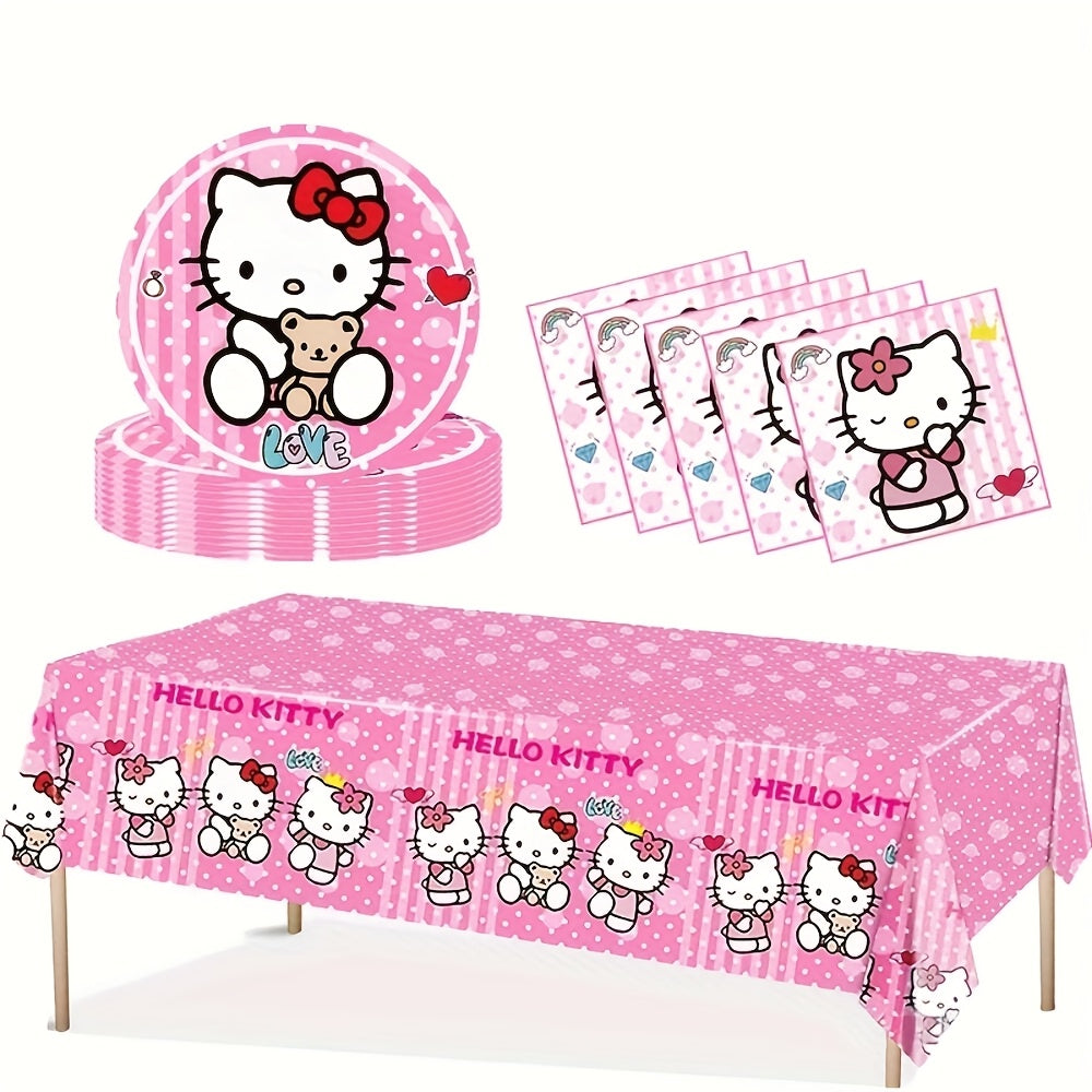 41pcs/Set Pink Hello Kitty Theme Party Set, Disposable Party Supplies Decoration Includes 20 Plates, 20 Napkins, 1 Tablecloth