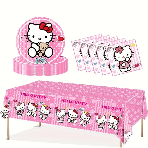 41pcs/Set Pink Hello Kitty Theme Party Set, Disposable Party Supplies Decoration Includes 20 Plates, 20 Napkins, 1 Tablecloth