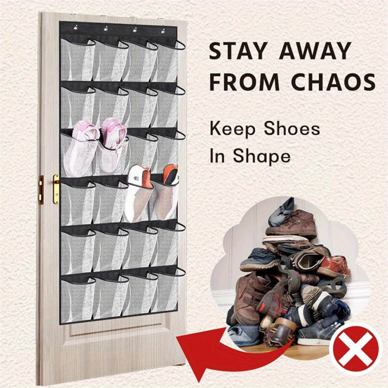 Over the Door Shoe Organizer with 24 Large Breathable Mesh Pockets - Foldable Space-Saving Hanging Storage Rack, Durable Fabric Closet Hanger for Shoes, Accessories, Closet & Door Organization