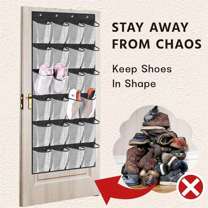 Over the Door Shoe Organizer with 24 Large Breathable Mesh Pockets - Foldable Space-Saving Hanging Storage Rack, Durable Fabric Closet Hanger for Shoes, Accessories, Closet & Door Organization
