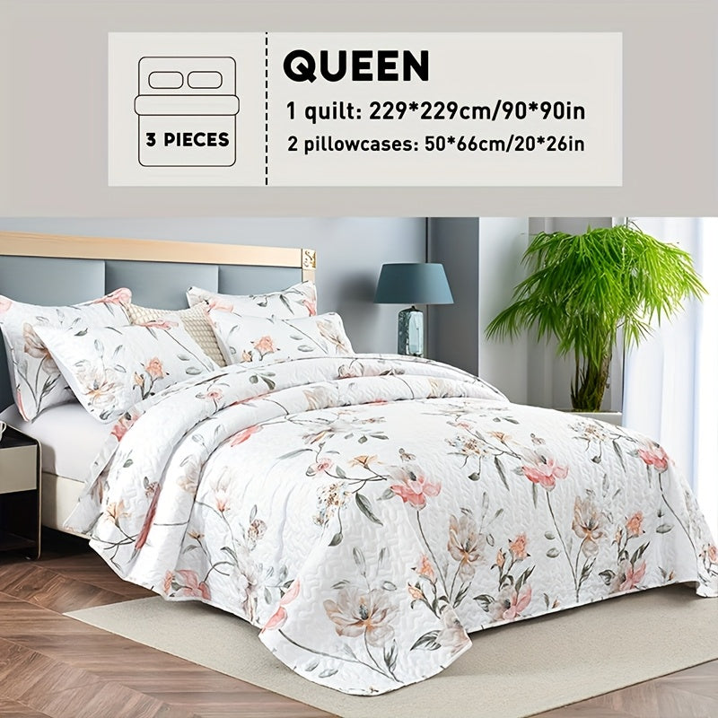 2/3pcs Floral Comforter Quilt Set Queen King Full Twin Size, White/Grey Soft Microfiber Reversible Bedding Sets Blanket Bed Cover Mother Father Day Gift, Botanical Quilted Bedspread Lightweight Coverlet Set With Shams For Winter Spring Summer Autumn