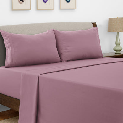 Lux Decor 4 Pieces Solid Bed Sheets - Stylish Comfy Bedding Set - Hotel Luxury Skin Friendly Cooling Sheets & Embroidered Pillowcases Without Filler - Classic Collection With 16 Inches Deep Pocket - Brushed 100% polyester- Shrinkage & Fade Resistant