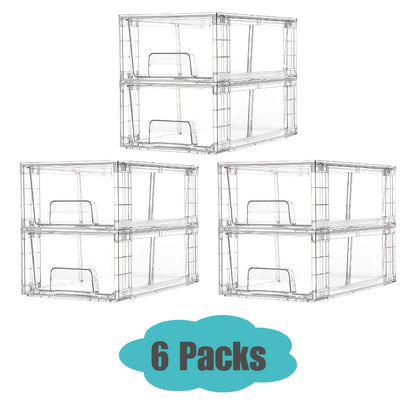 Clear Acrylic Storage Drawers with Handles - Stackable Refrigerator and Pantry Organizer Bins for Snacks Fruits and Vegetables, Food Safe Pull-Out Drawer Bins for Fridge Kitchen Cabinet Under Sink and Bathroom, Available in 4, 6, 8 or 10 Pack