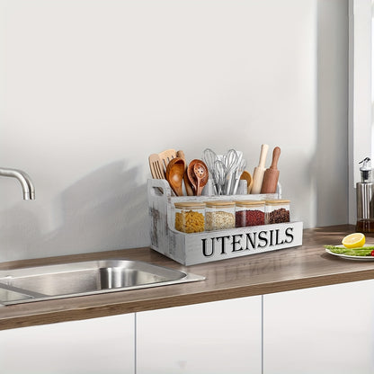 Extra Large Kitchen Utensil Organizer with 4 Compartments, White Wooden Kitchen Utensil Organizer for Kitchen Countertops, Farmhouse Utensil Storage, Rustic Cooking Utensils - White.