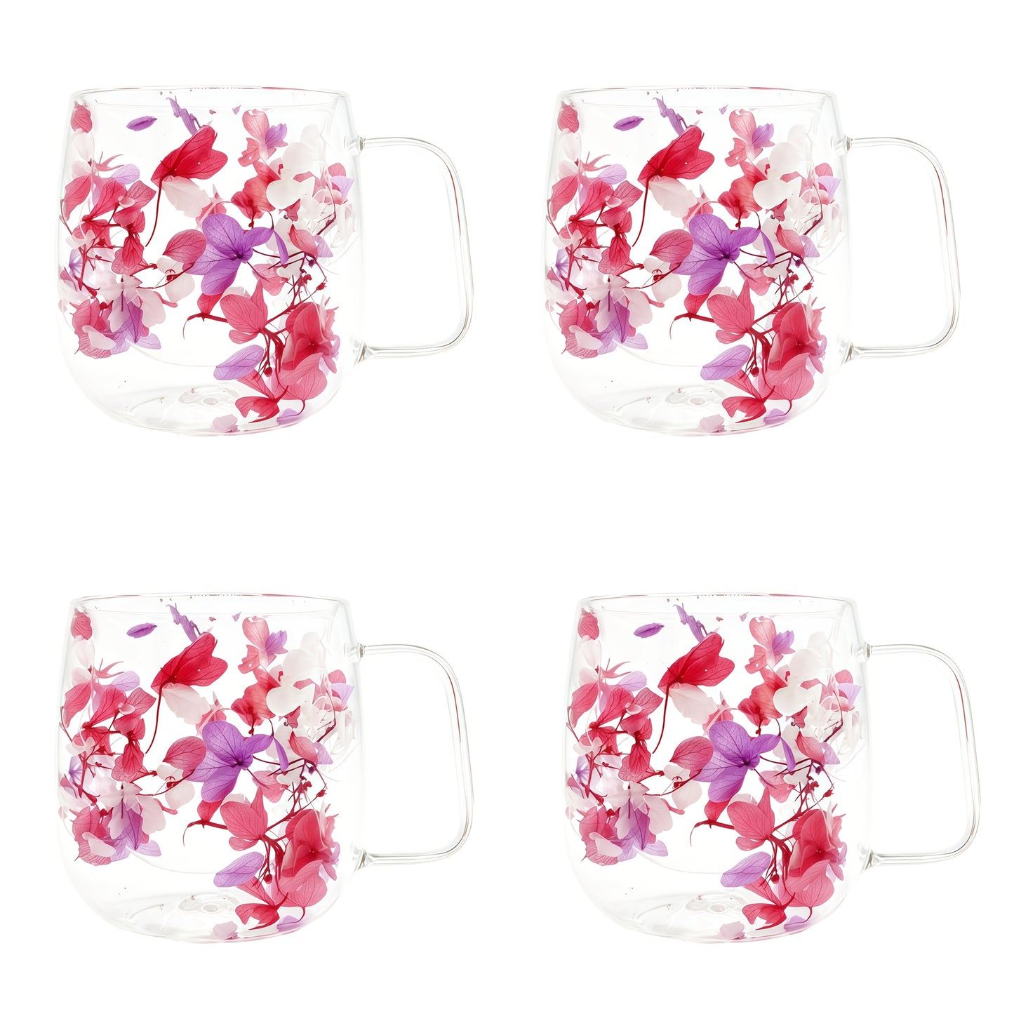 4pcs Double-Wall Glass Coffee Cups with Handle - Leakproof Suitable for Tea, Cappuccino, Latte, Dried Flower Design Thermal Mugs, Transparent Cups for, Office, Parties, Holiday Gifts (Hand Wash Only)