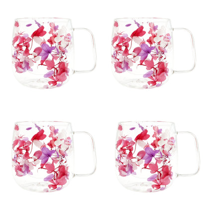 4pcs Double-Wall Glass Coffee Cups with Handle - Leakproof Suitable for Tea, Cappuccino, Latte, Dried Flower Design Thermal Mugs, Transparent Cups for, Office, Parties, Holiday Gifts (Hand Wash Only)