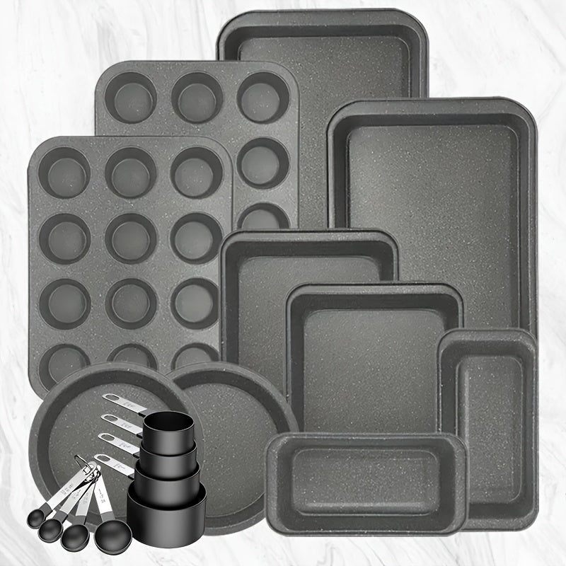 2/6/7/8/12/16/18pcs Non-Stick Baking Pan Set for Kitchen Oven, Baking Set with Round/Square Cake Pans, Bread Bags, Muffin Cups, Pizza Pan, Bread Scraper, Whisk, Spatula, Wire Rack, Measuring Spoon, Muffin Pan, Bread Pan, Baking Sheet, Cookie Sheet