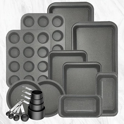 2/6/7/8/12/16/18pcs Non-Stick Baking Pan Set for Kitchen Oven, Baking Set with Round/Square Cake Pans, Bread Bags, Muffin Cups, Pizza Pan, Bread Scraper, Whisk, Spatula, Wire Rack, Measuring Spoon, Muffin Pan, Bread Pan, Baking Sheet, Cookie Sheet